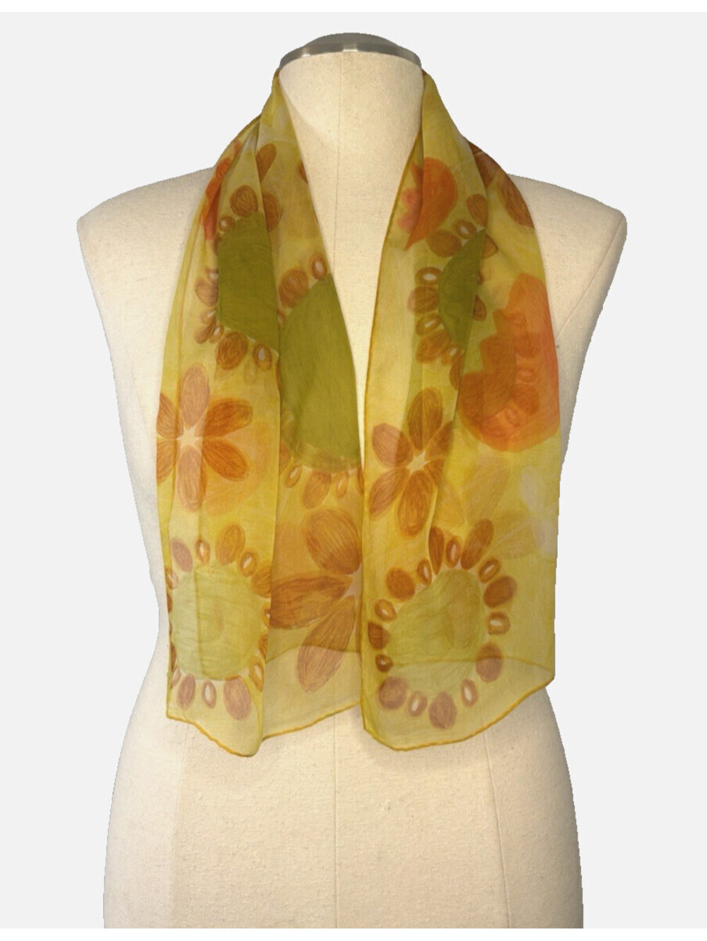 Vintage 1960's Glentex Silk Chiffon Scarf Hand Rolled Yellow Floral 16"x44" EUC
